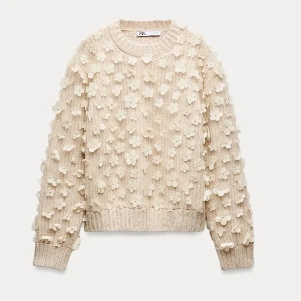 Zara Beige Floral Textured Women's Sweater - Picture 3 of 3